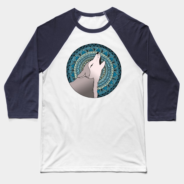 Wolf Howling Moon Mandala Baseball T-Shirt by julieerindesigns